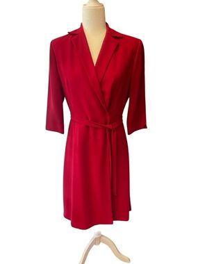 Talbots dress red wrap size 4 V-neck 3/4 sleeve 100% poly, lining 100% acetate